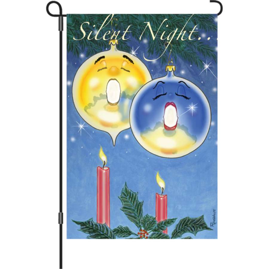 12 in. Silent Night garden flag made from soft PremierSoft fabric, showcasing peaceful winter holiday design in an outdoor setting.