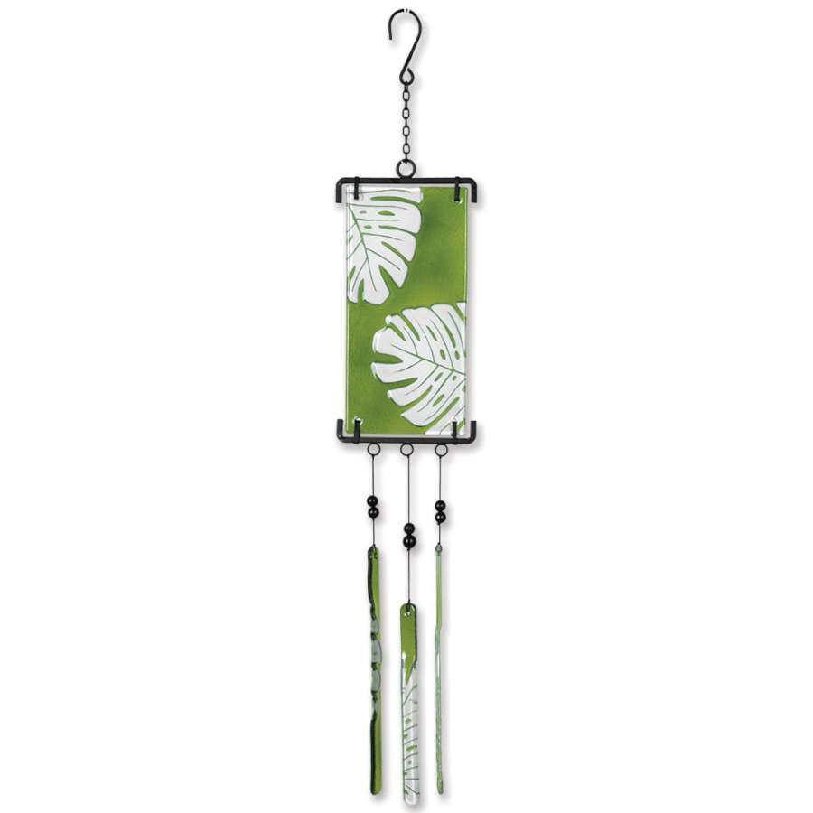 Silhouette Glass Wind Chime in Banana Leaf design, showcasing hand-painted glass hanging gracefully in sunlight with beautifully colored shadows.
