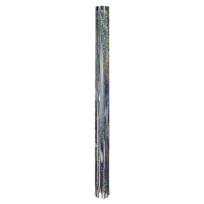 Silver 51" Mylar windsock fluttering elegantly in a garden, showcasing its bright holographic design under the sunlight.
