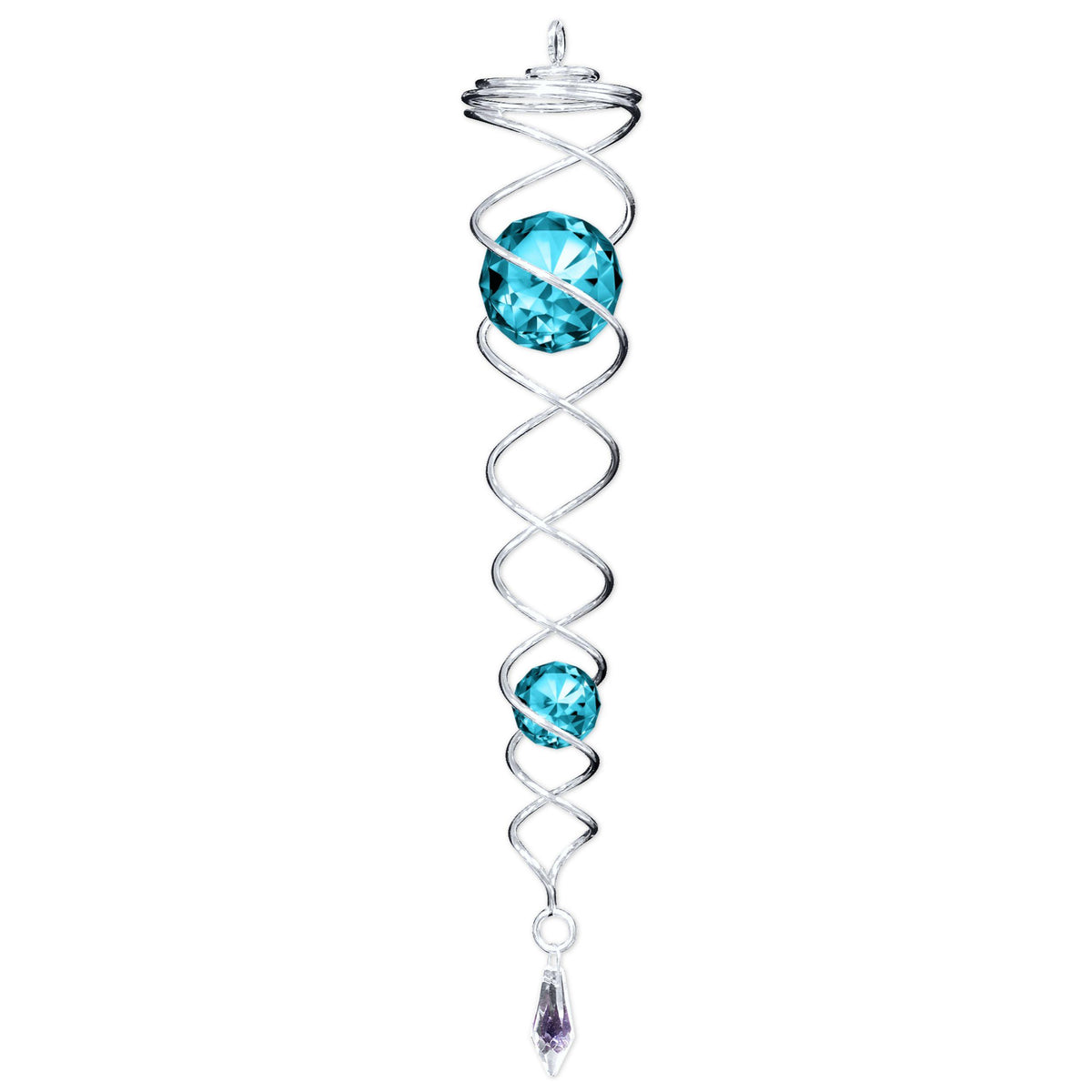 Silver Aqua Twister showcasing two sparkling crystals, spinning in a garden setting, highlighting its elegant and weather-resistant structure.