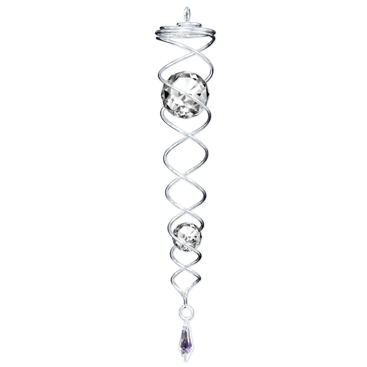 Silver Clear Crystal Twister featuring two sparkling crystals crafted from powder-coated stainless steel, elegantly displayed outdoors in a garden setting.