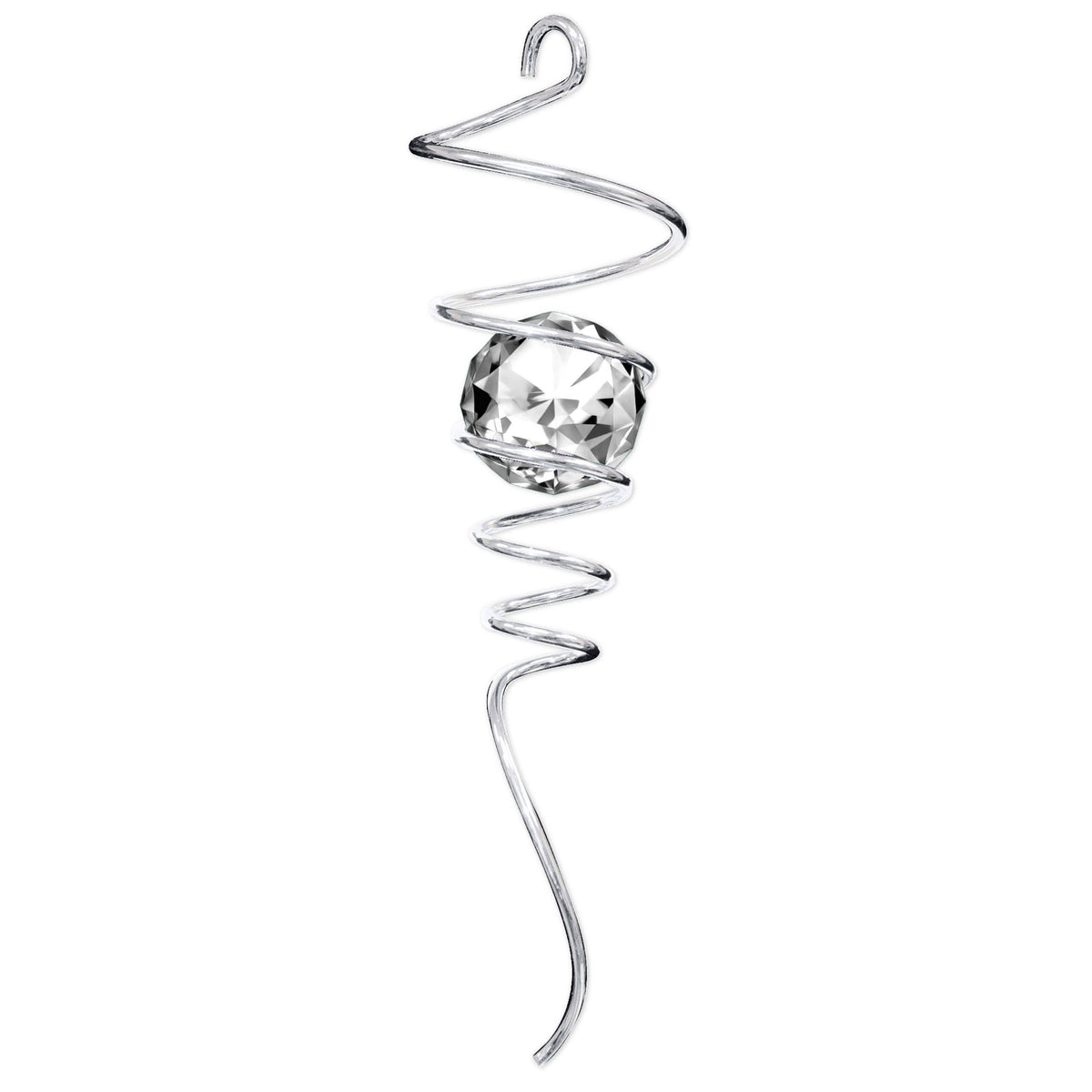 Silver Clear Tail featuring a spiral design and crystal accent catching light in an outdoor garden setting.