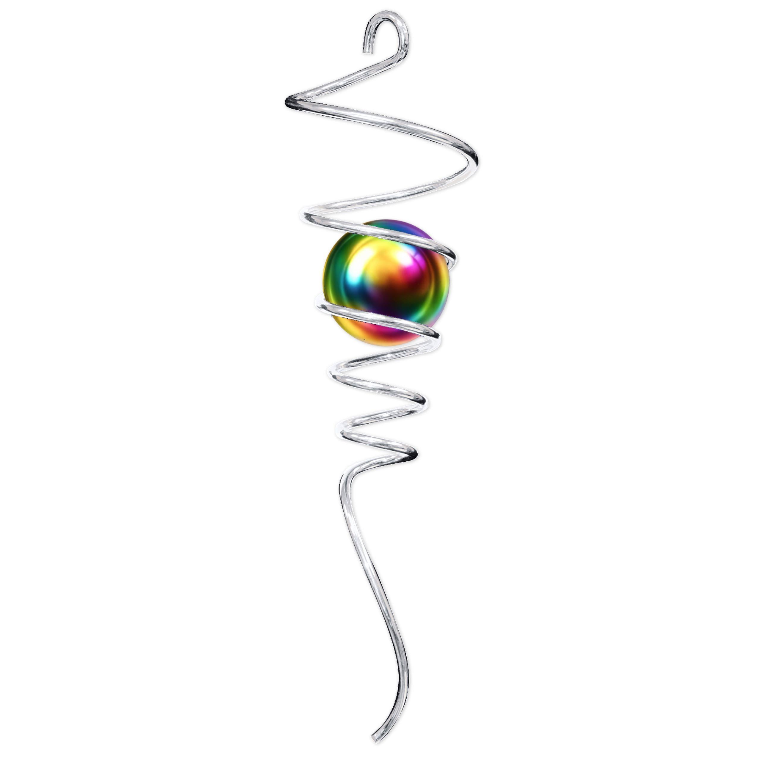 Silver Gazing Tail decorative garden accent featuring a spiral design and reflective gazing ball, bright and eye-catching against a natural backdrop.