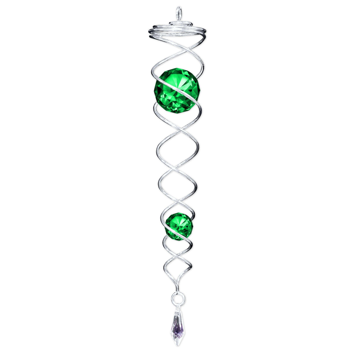 Silver Green Crystal Twister featuring two sparkling crystals and a powder-coated stainless steel frame, dancing in the breeze outdoors.