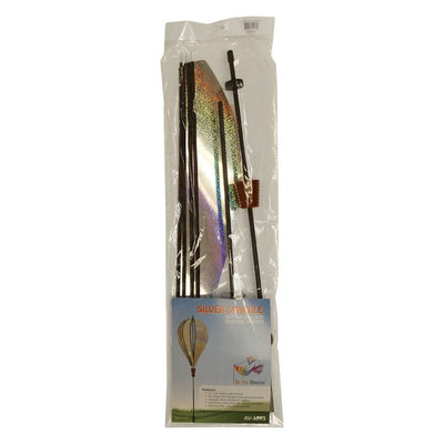 Silver Sparkle 6-Panel Hot Air Balloon Ground Spinner made of shimmering Mylar, elegantly displayed in a garden setting under sunlight.