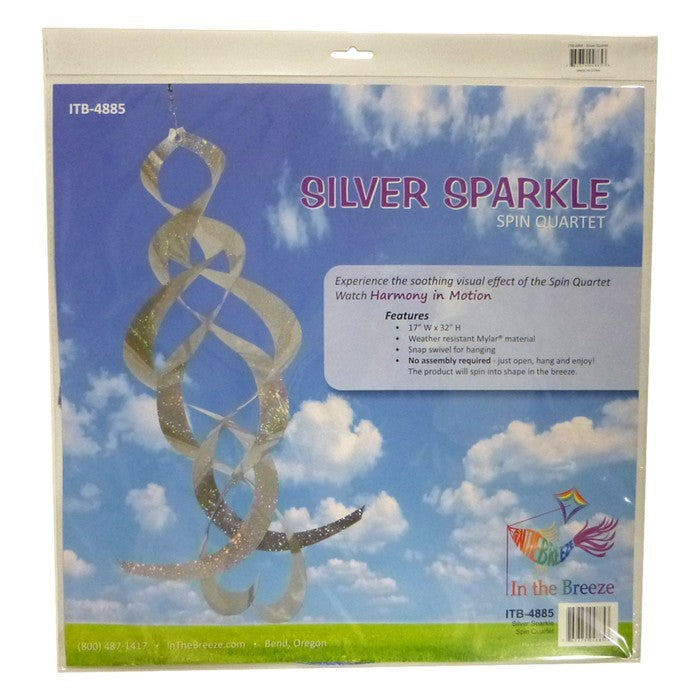 The Silver Sparkle Mylar Spin Quartet features a captivating design with shimmering silver curls, elegantly swaying in the breeze for stunning outdoor charm.