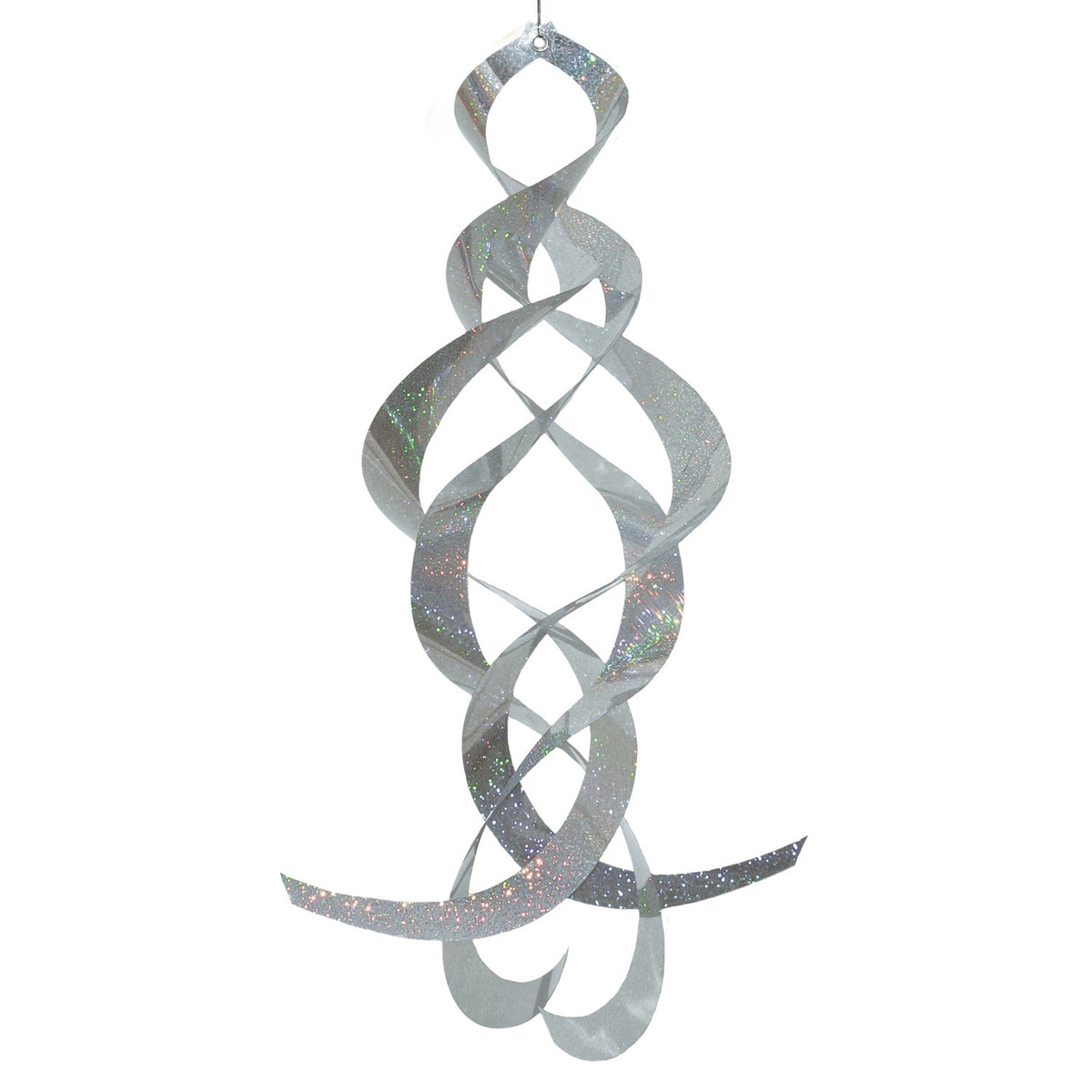 The Silver Sparkle Mylar Spin Quartet features a captivating design with shimmering silver curls, elegantly swaying in the breeze for stunning outdoor charm.