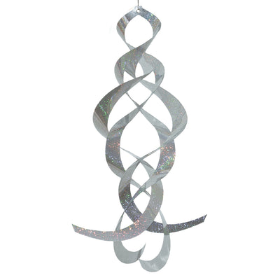 The Silver Sparkle Mylar Spin Quartet features a captivating design with shimmering silver curls, elegantly swaying in the breeze for stunning outdoor charm.