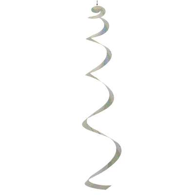 A Silver Sparkle Sprite hanging decor made from shimmering Mylar, gently twirling in a light breeze against a garden backdrop.
