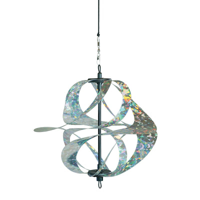 Silver Sparkle Vortex Spinner hanging freely from garden hook, showcasing sparkling Mylar spirals dancing in the sunlight.