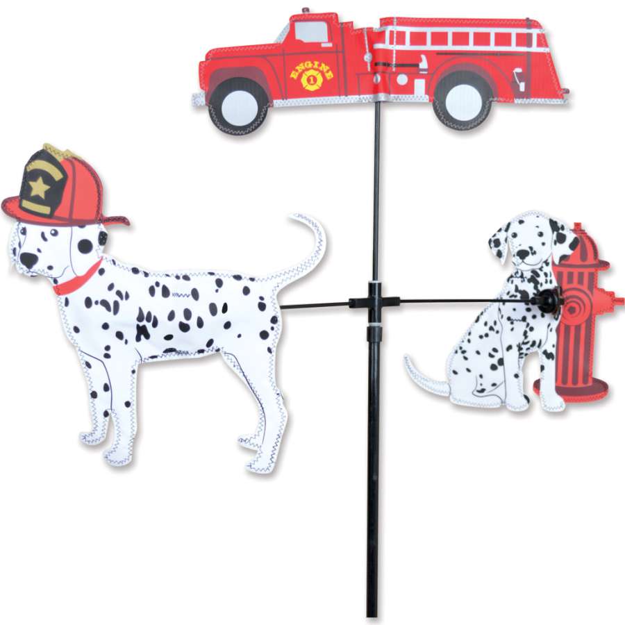 Single Carousel Spinner featuring Fire Truck & Dalmatians spins gracefully in a garden, showcasing vibrant colors and intricate design.