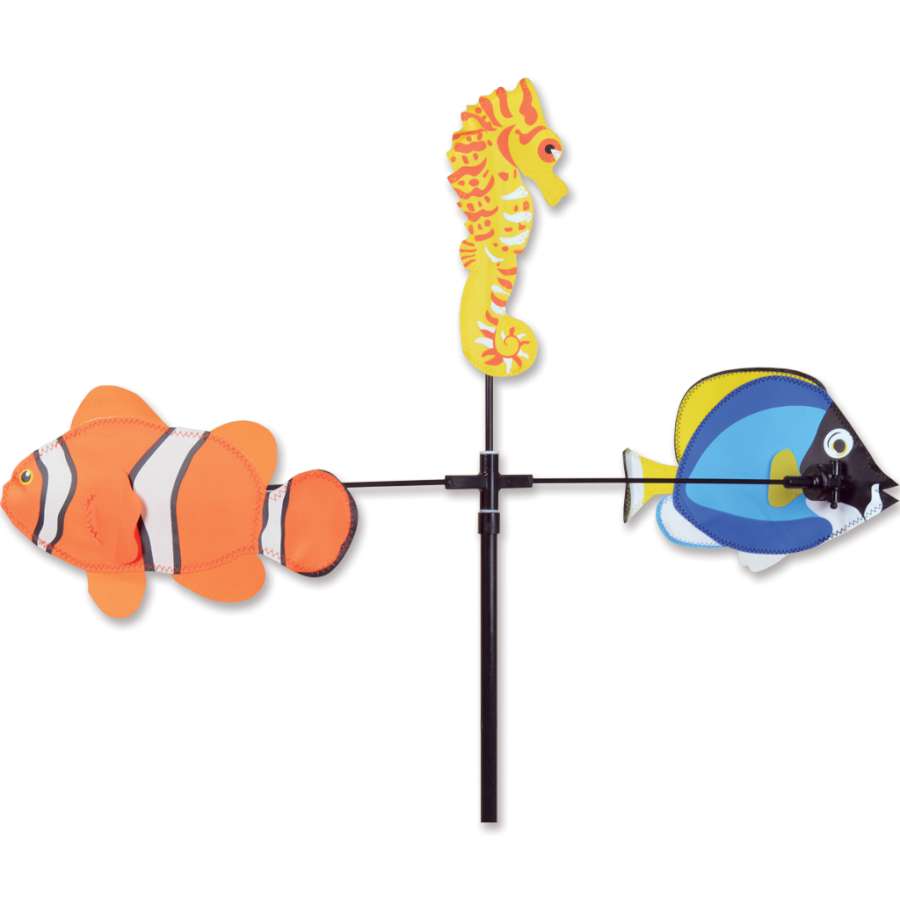 Single Carousel Spinner featuring colorful fish designs, spinning gracefully in a gentle outdoor breeze, enhancing garden decor.