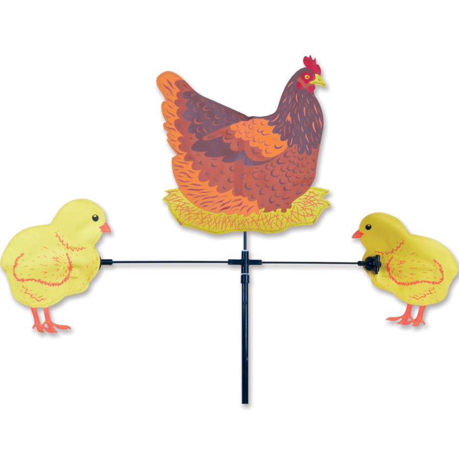 Single Carousel Spinner featuring colorful hen and chicks design, spinning gracefully in a garden setting with vibrant flowers around.