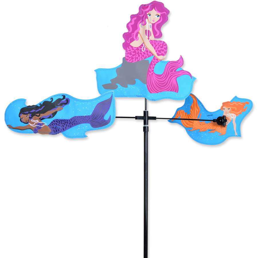 Single Carousel Spinner featuring vibrant mermaid designs, spinning gracefully in the garden with colorful ocean motifs in the background.