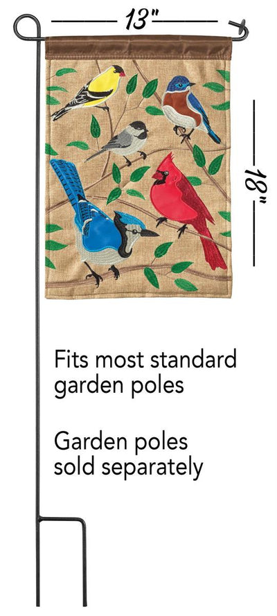 Flag 5 Songbirds Burlap Polyester 13x18 featuring double applique design, durable 300-denier polyester, and vibrant embroidery for elegant outdoor décor.