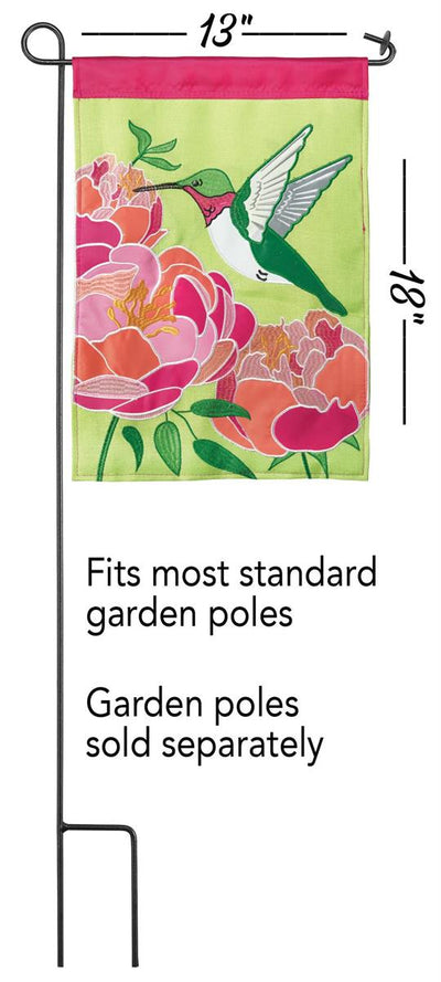 Flag Hummingbird Burlap 13x18 featuring double applique design, durable 300-denier polyester, and vibrant embroidery for elegant outdoor décor.
