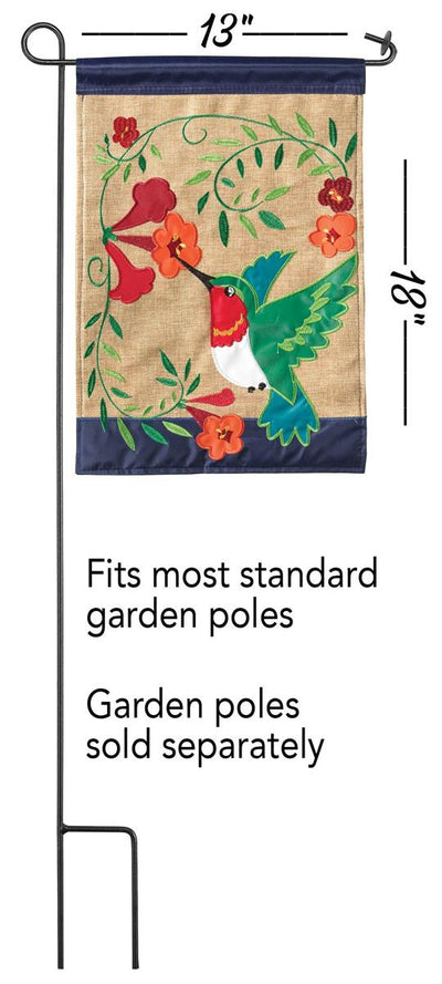 Flag Hummingbird Burlap Polyester 13x18 featuring double applique design, durable 300-denier polyester, and vibrant embroidery for outdoor charm.