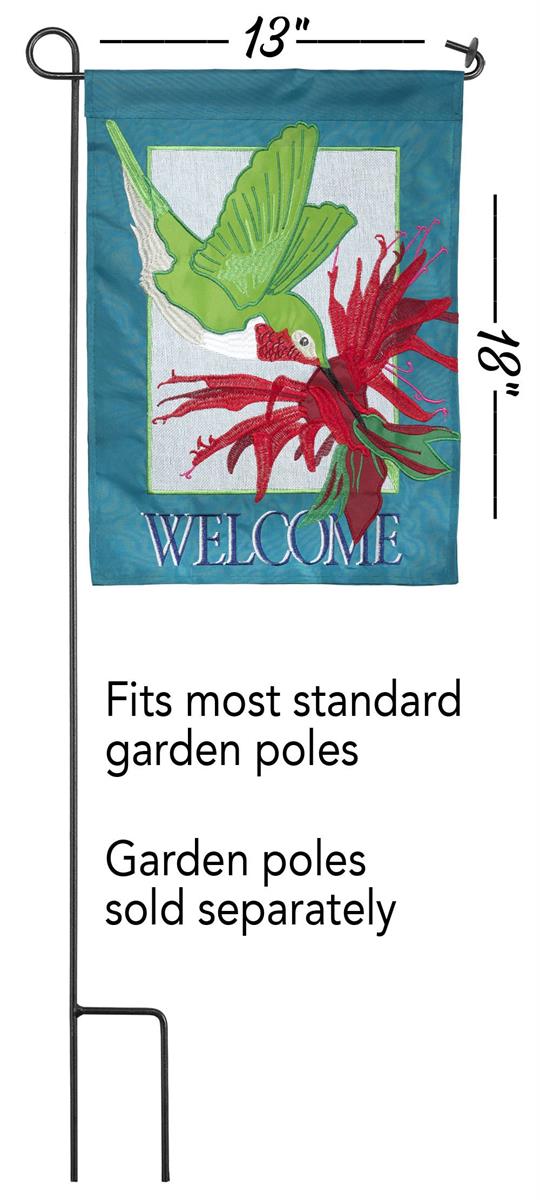 Flag Hummingbird Welcome Burlap 13x18 featuring double applique design, durable 300-denier polyester, and vibrant embroidery for elegant outdoor décor.