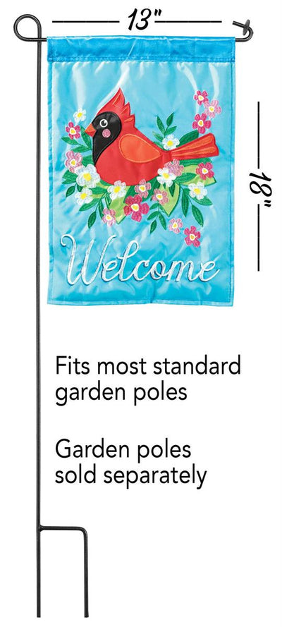 Flag Welcome Cardinal 13x18 featuring double applique design, durable 300-denier polyester, and vibrant embroidery for elegant outdoor décor.