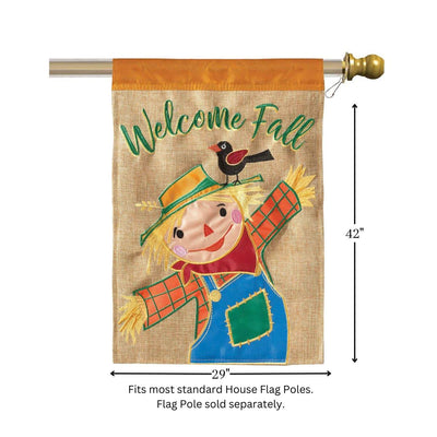 Welcome Fall Scarecrow 29x42 Flag featuring double applique design, durable polyester, and vibrant embroidery for rustic autumn outdoor décor.