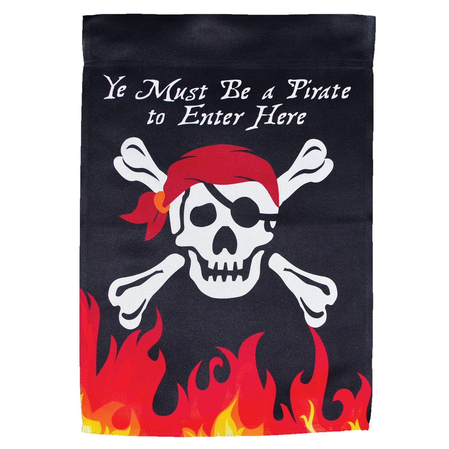 Skull 'n Flames double-sided garden flag featuring a bold skull design and fiery graphics, displayed outdoors on a flag pole.