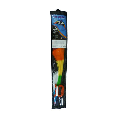 Skunk 48\" Sport Kite in vibrant rainbow design soaring against a blue sky during a sunny day, showcasing its durable construction and two-line design.