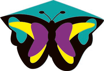 Sky Delight Kite featuring a colorful butterfly design, shown soaring in the blue sky with a sunny background during outdoor family fun.