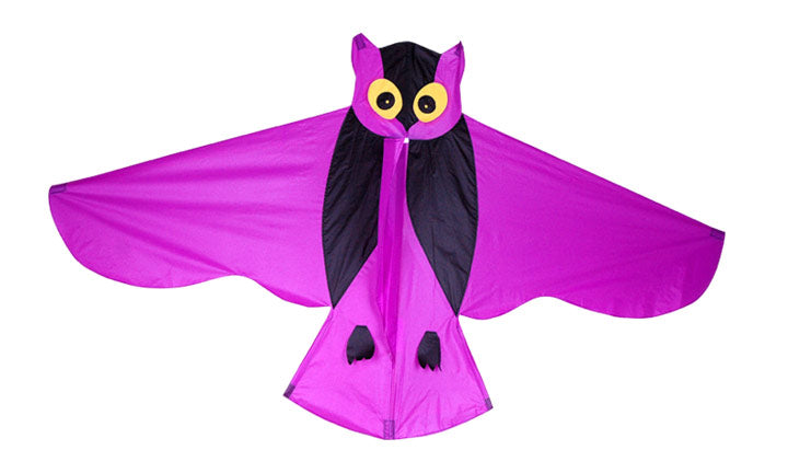 Sky Delight Owl Kite measuring 32x63 inches soaring in the blue sky, showcasing vibrant colors and a whimsical owl design.