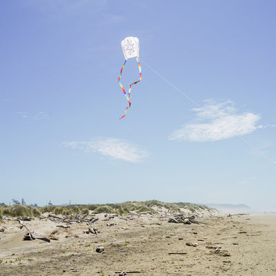 Sled Coloring Kite made of white ripstop fabric, featuring rainbow-striped tails, ready for personal decoration with crayons for an enjoyable outdoor experience.