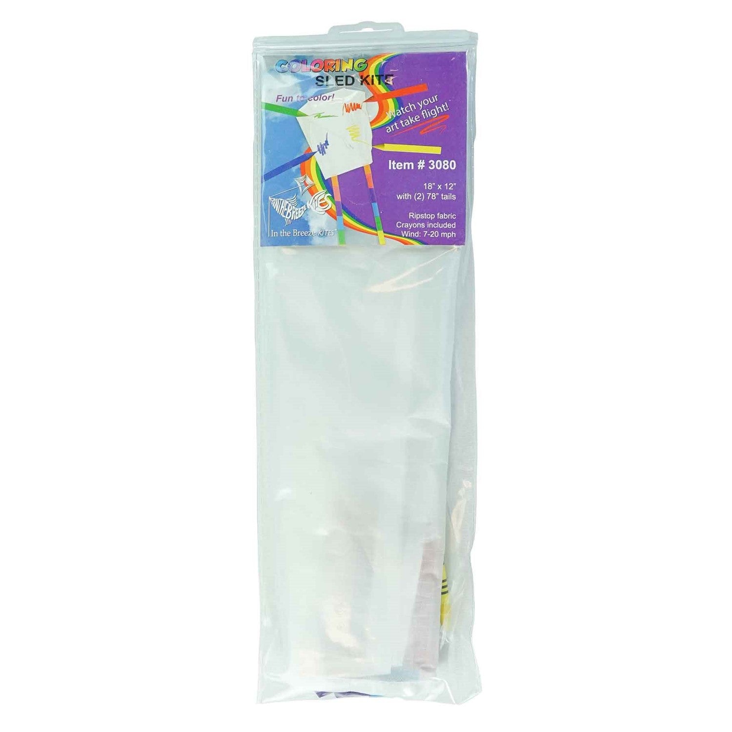 Sled Coloring Kite made of white ripstop fabric, featuring rainbow-striped tails, ready for personal decoration with crayons for an enjoyable outdoor experience.