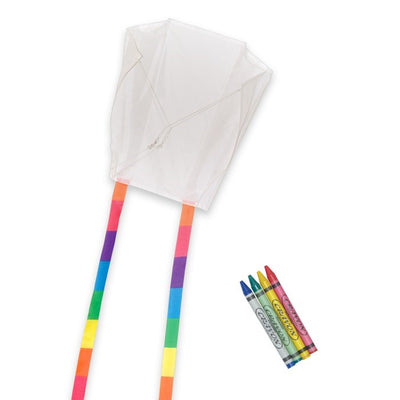 Sled Coloring Kite made of white ripstop fabric, featuring rainbow-striped tails, ready for personal decoration with crayons for an enjoyable outdoor experience.