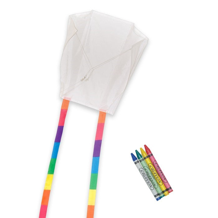 Sled Coloring Kite made of white ripstop fabric, featuring rainbow-striped tails, ready for personal decoration with crayons for an enjoyable outdoor experience.