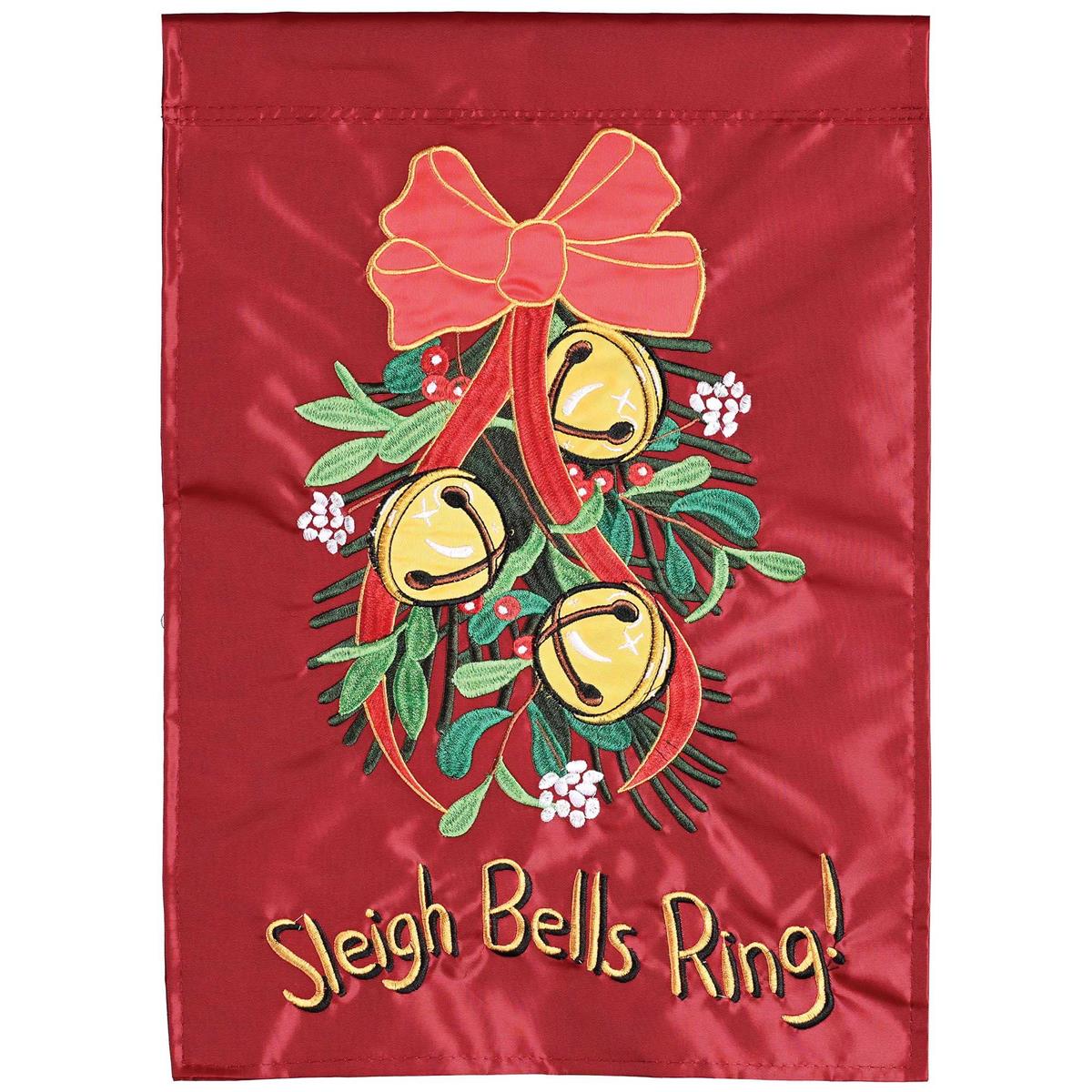 Sleigh Bells Ring double-sided garden flag featuring festive design with fabric appliques and embroidery displayed in an outdoor setting.