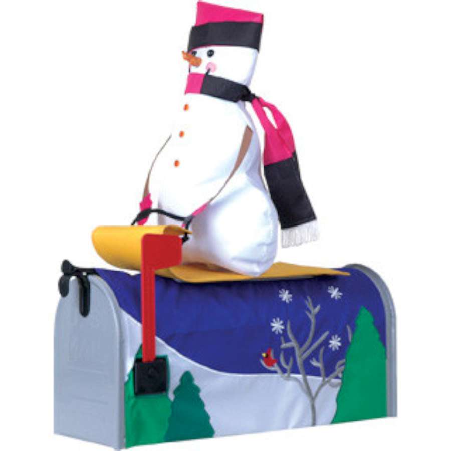 Sleigh Ride mailbox cover displayed on a standard mailbox, showcasing a festive winter sleigh and snowy landscape design.
