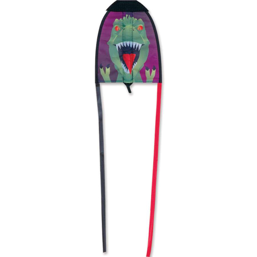 Sling Glider - T-Rex kite soaring in a clear blue sky, showcasing its vibrant T-Rex design with a 30-inch wingspan, perfect for calm conditions.
