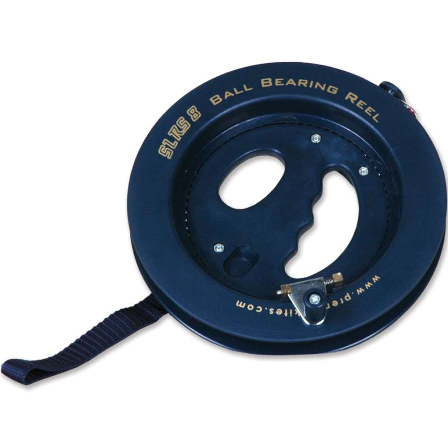 SLRS Superior Line Retrieval System measuring 8 inches with smooth stainless steel ball bearings and fold-out crank for easy kite line management.