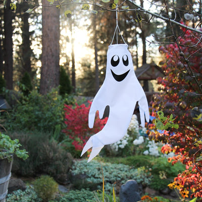 Small Ghost Windsock featuring a grinning ghost design swaying gently in the wind, perfect for autumn and Halloween decor.