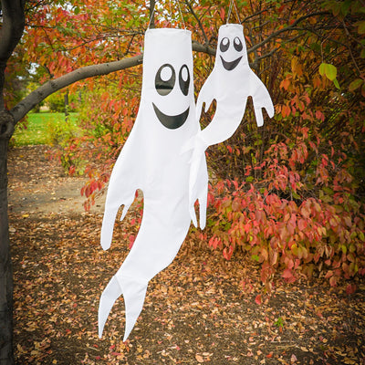 Small Ghost Windsock featuring a grinning ghost design swaying gently in the wind, perfect for autumn and Halloween decor.