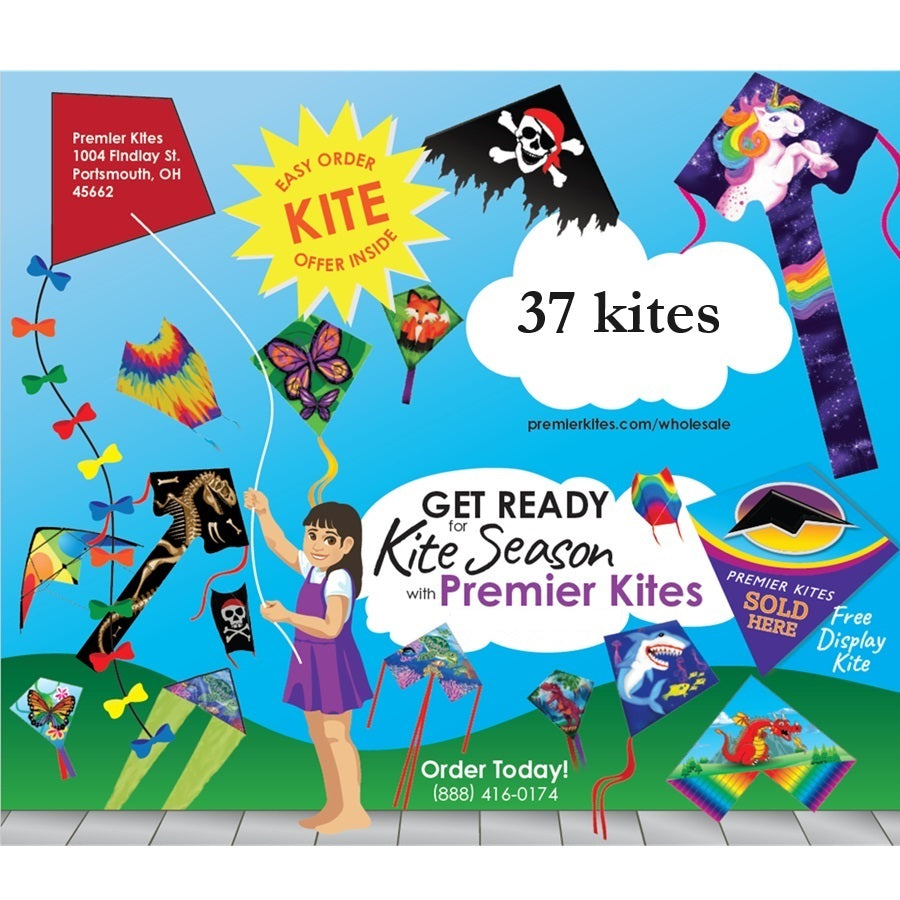 Small Quick Order Kite Package featuring 37 colorful kites displayed attractively in a retail environment, showcasing various styles and designs.
