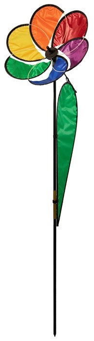 Small Rainbow Daisy Spinner featuring colorful petals and a two-wheeled structure, designed for outdoor display in a garden setting.