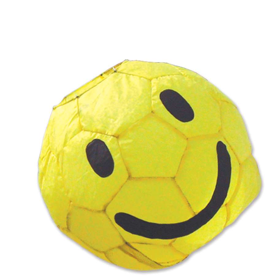 Cheerful 13 in. Smiley Ball mounted on a wall, showcasing vibrant colors and a playful smiling face, rotating in the wind.