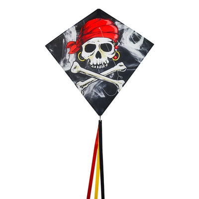 Smokin' Pirate 30" Diamond Kite with a Jolly Roger design flying against a clear blue sky, featuring three long colorful tails.