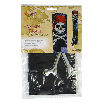 Smokin' Pirate 30' windsock with a detailed printed skull and bones design, suspended in the air against a blue sky backdrop.