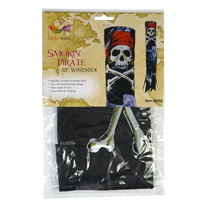 Smokin' Pirate 30' windsock with a detailed printed skull and bones design, suspended in the air against a blue sky backdrop.