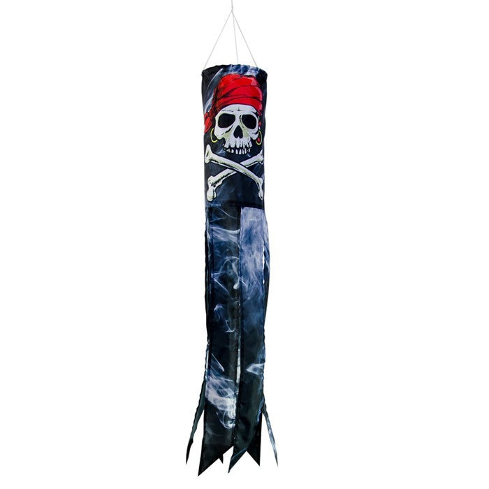Smokin' Pirate 30' windsock with a detailed printed skull and bones design, suspended in the air against a blue sky backdrop.