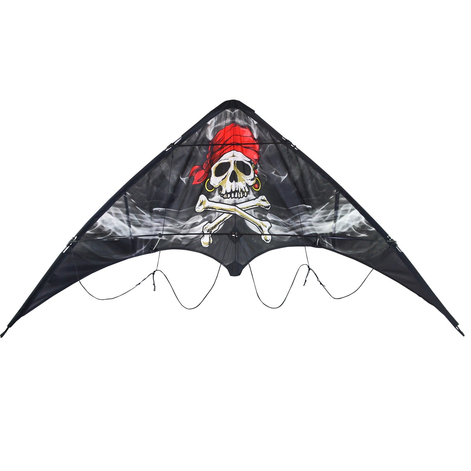 Smokin' Pirate 48" Sport Kite soaring in the sky with a Jolly Roger design, showcasing its vibrant colors against a sunny backdrop.
