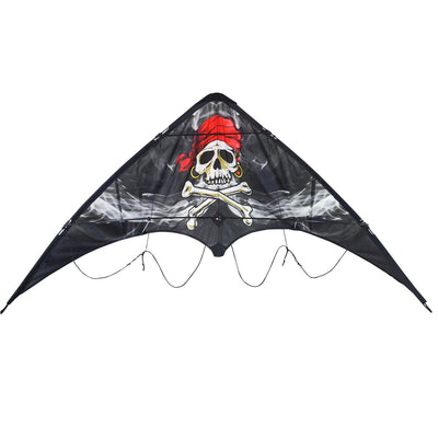 Smokin' Pirate 48" Sport Kite soaring in the sky with a Jolly Roger design, showcasing its vibrant colors against a sunny backdrop.