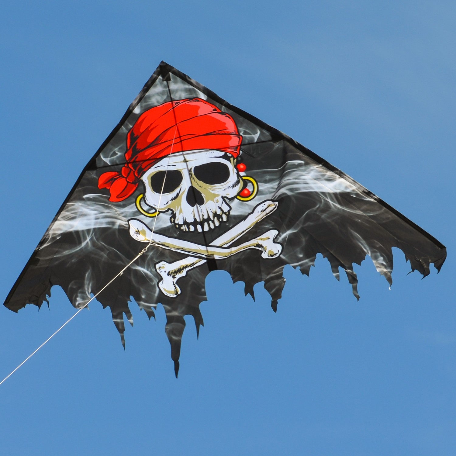 Smokin' Pirate Fringe Delta Kite featuring Jolly Roger graphics, 50 inches in size, ideal for family excursions and adventures in the sky.