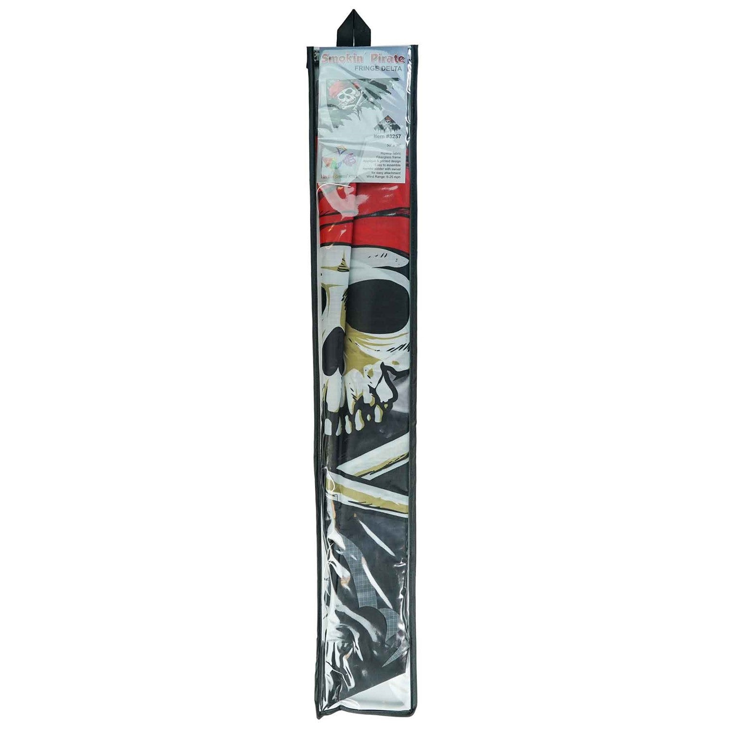 Smokin' Pirate Fringe Delta Kite featuring Jolly Roger graphics, 50 inches in size, ideal for family excursions and adventures in the sky.