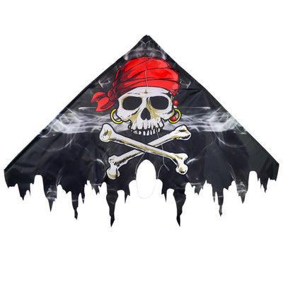 Smokin' Pirate Fringe Delta Kite featuring Jolly Roger graphics, 50 inches in size, ideal for family excursions and adventures in the sky.